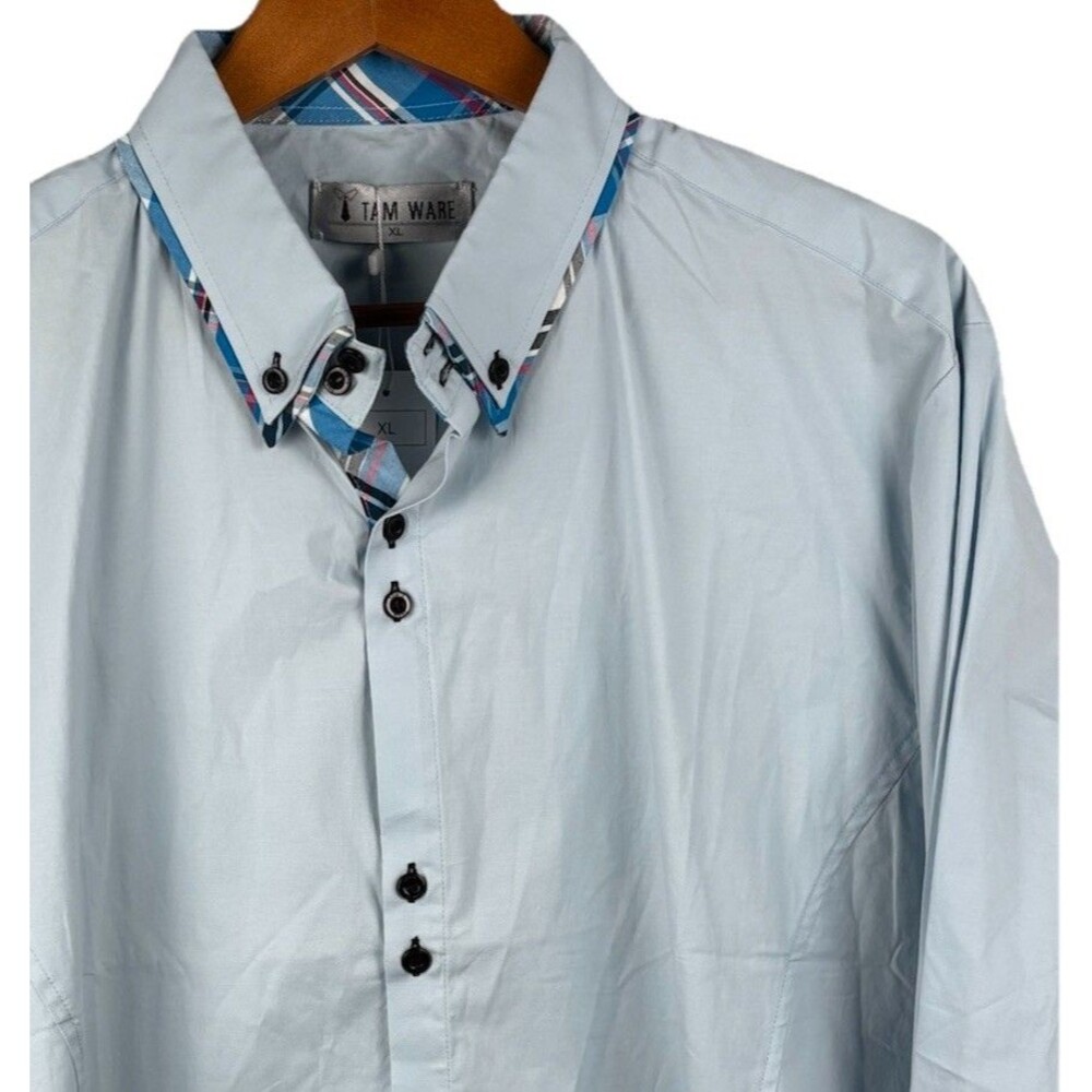NWT Mens Tam Ware Sky Blue Long Sleeve Button Down Shirt XL Plaid Accents New